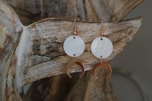 White mother of pearl shell rose gold earrings with rose gold moon charms