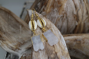 White Druzy Quartz crystal gold earrings with white and gold cowrie shells