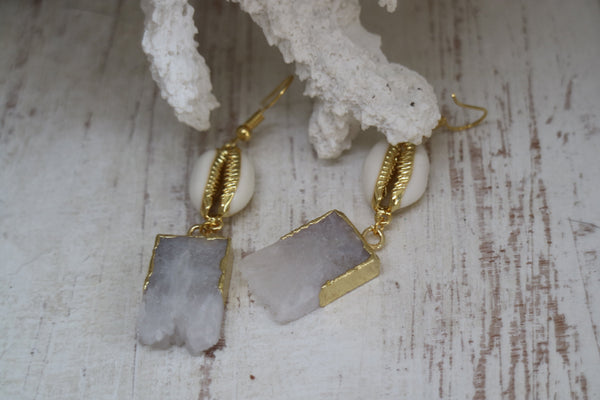 Load image into Gallery viewer, White Druzy Quartz crystal gold earrings with white and gold cowrie shells
