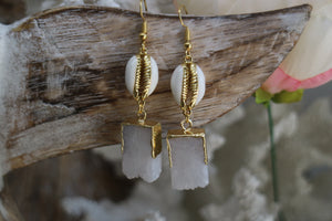 White Druzy Quartz crystal gold earrings with white and gold cowrie shells