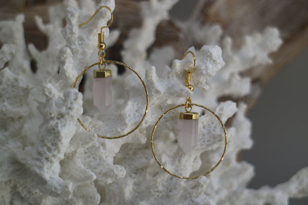 Load image into Gallery viewer, Rose quartz crystal point gold earrings
