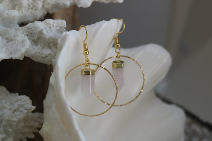 Rose quartz crystal point gold earrings