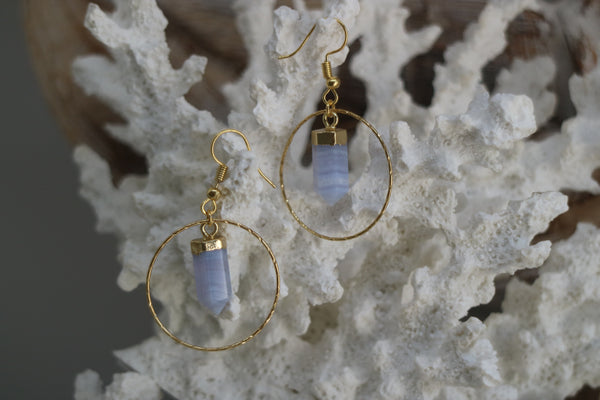 Load image into Gallery viewer, Blue lace agate crystal point gold earrings
