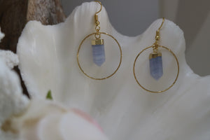 Blue lace agate crystal point gold earrings