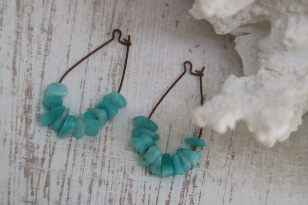 Load image into Gallery viewer, Amazonite gemstone chips on antique copper earring loops

