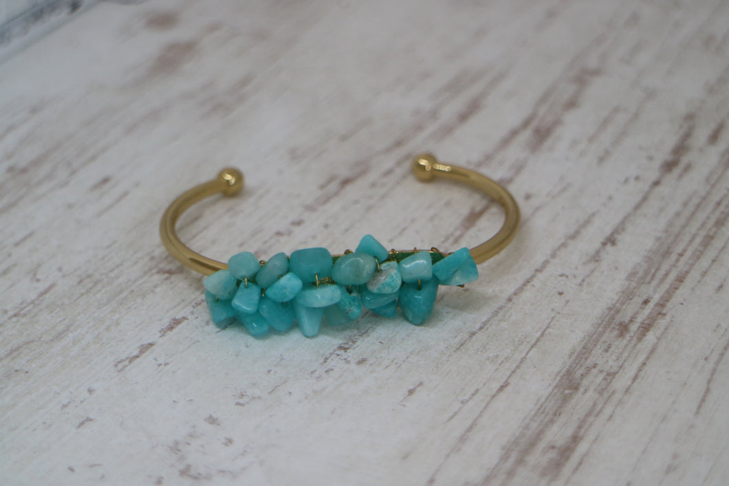Amazonite gemstone chips with 16k gold plated wire wrapped on a gold plated bracelet
