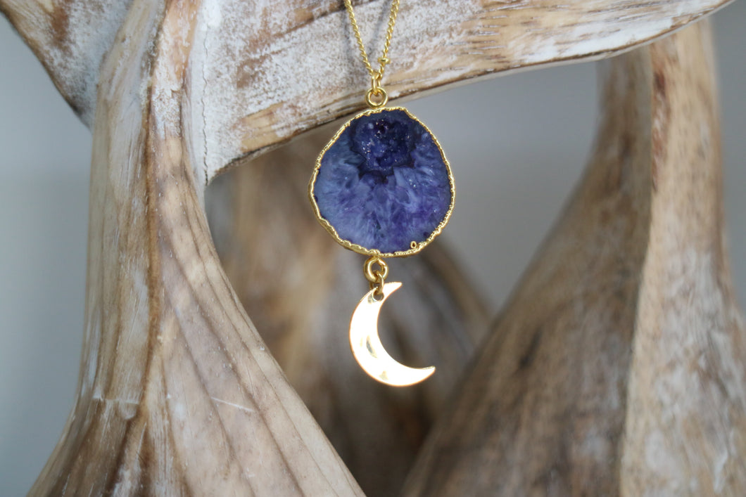Purple Geode Druzy Agate Crystal Gold Necklace with Gold Moon Charm