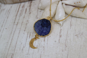 Purple Geode Druzy Agate Crystal Gold Necklace with Gold Moon Charm