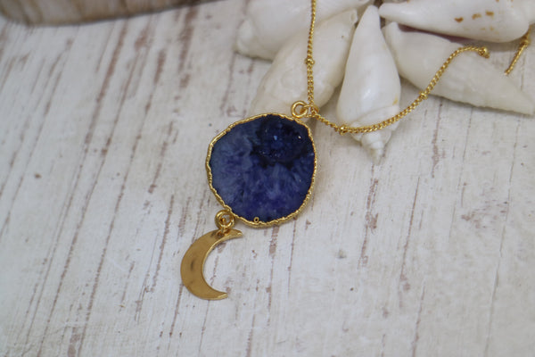 Load image into Gallery viewer, Purple Geode Druzy Agate Crystal Gold Necklace with Gold Moon Charm
