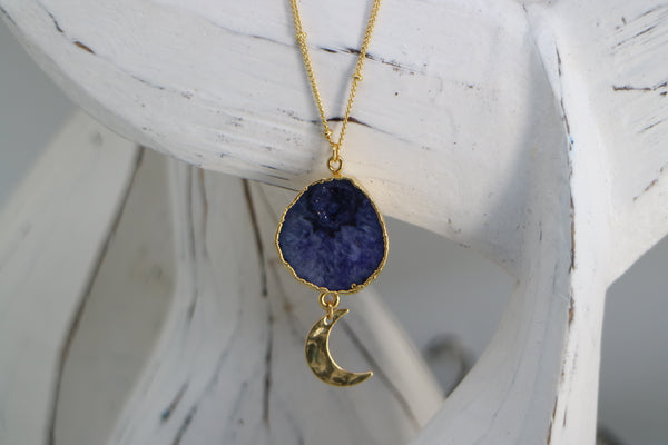 Load image into Gallery viewer, Purple Geode Druzy Agate Crystal Gold Necklace with Gold Moon Charm
