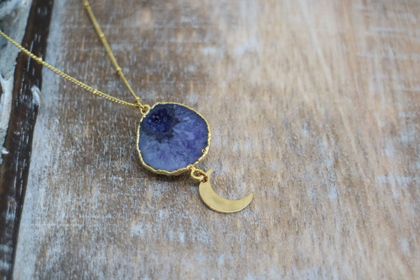 Load image into Gallery viewer, Purple Geode Druzy Agate Crystal Gold Necklace with Gold Moon Charm
