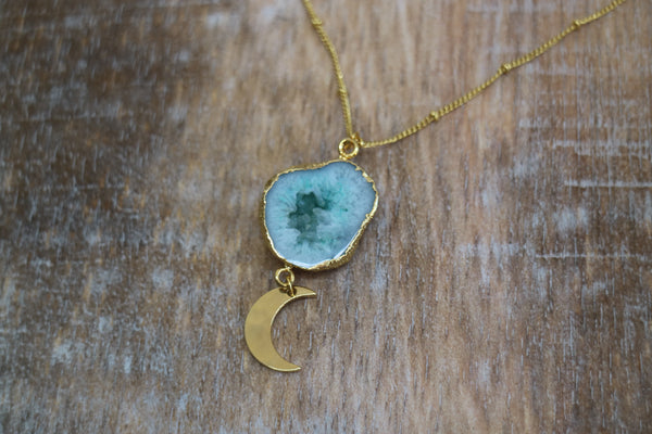 Load image into Gallery viewer, Blue Geode Druzy Agate Gold Necklace with Moon Charm
