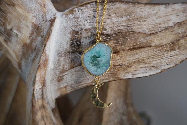 Load image into Gallery viewer, Blue Geode Druzy Agate Gold Necklace with Moon Charm
