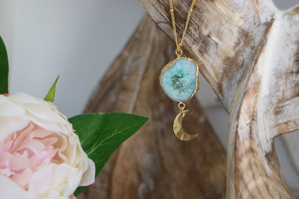 Load image into Gallery viewer, Blue Geode Druzy Agate Gold Necklace with Moon Charm
