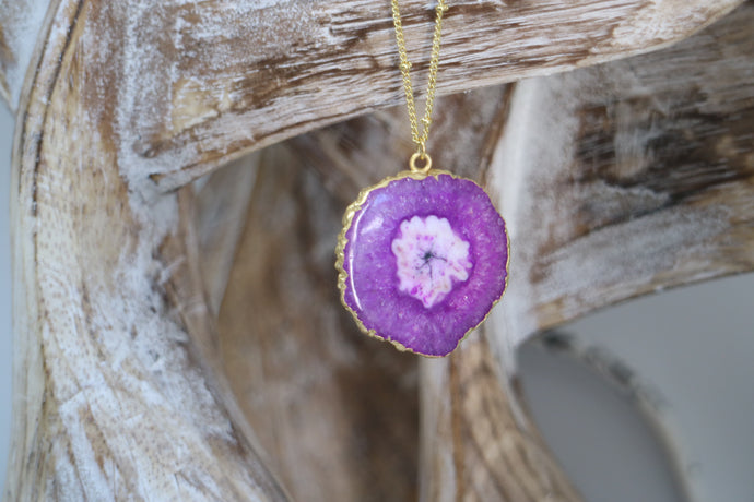 Purple Solar Quartz Crystal Gold Necklace