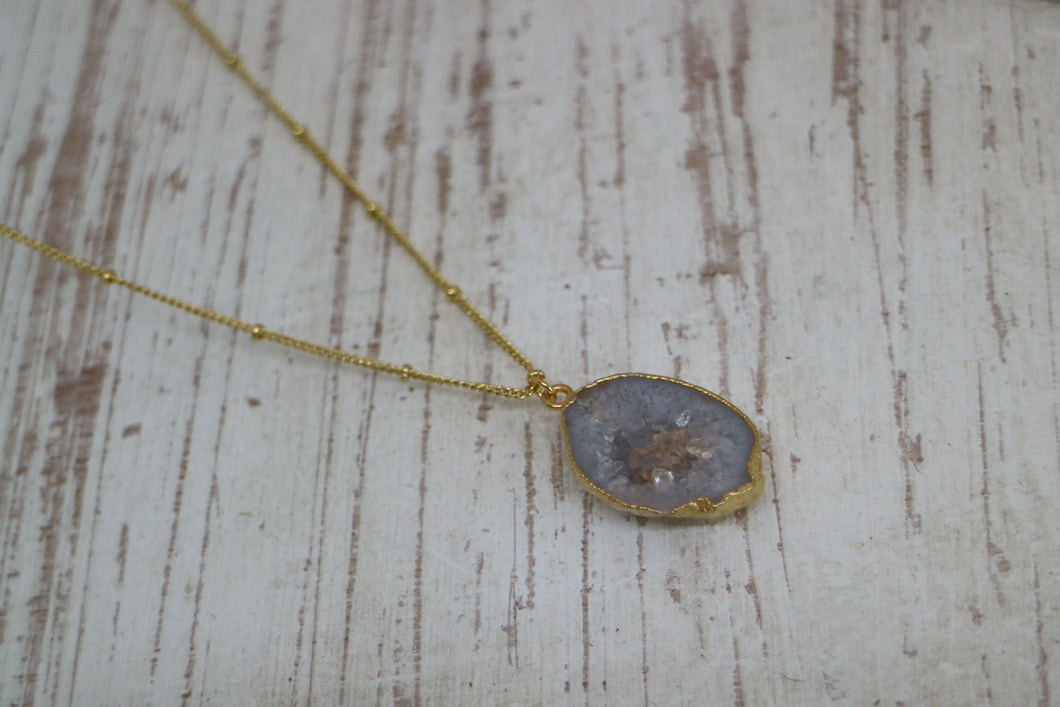 White Geode Druzy Crystal Gold Necklace