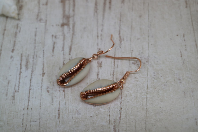 Rose gold plated white cowrie sea shells earrings