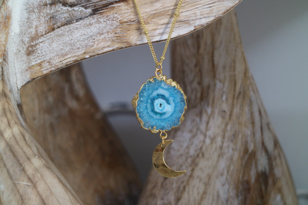 Blue Solar Quartz Gold Necklace with Moon Charm