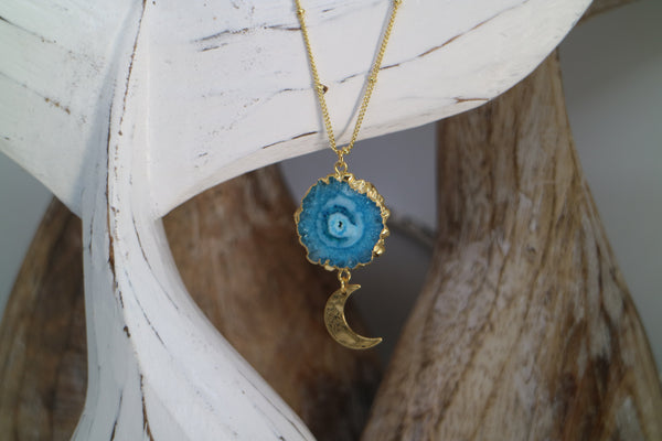 Load image into Gallery viewer, Blue Solar Quartz Gold Necklace with Moon Charm

