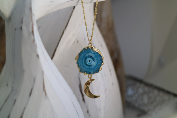 Load image into Gallery viewer, Blue Solar Quartz Gold Necklace with Moon Charm

