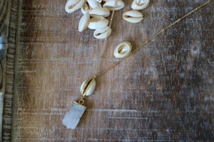 White Druzy Quartz gold necklace with shell