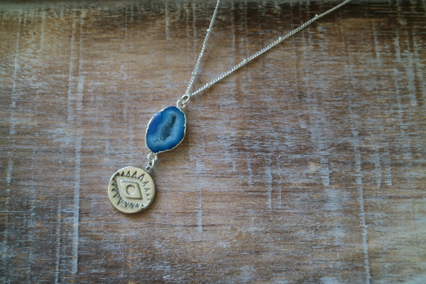 Load image into Gallery viewer, Blue Druzy Geode Agate Silver Necklace with evil eye pendant
