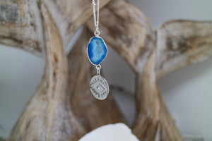 Blue Druzy Geode Agate Silver Necklace with evil eye pendant