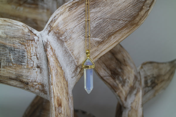 Load image into Gallery viewer, Opalite crystal point gold necklace
