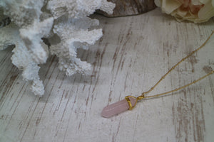Rose quartz point gold necklace