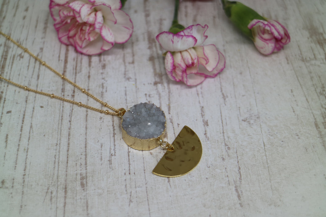 White Druzy Agate Crystal Gold Necklace with Hammered Charm