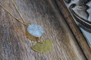 White Druzy Agate Crystal Gold Necklace with Hammered Charm