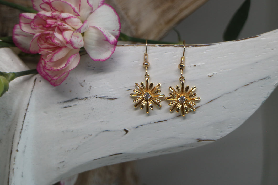 Gold Daisy Flower Earrings with cubic zirconia