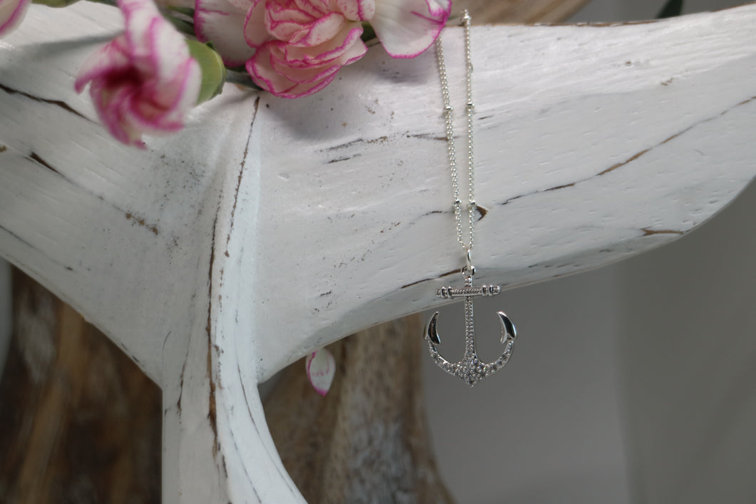 Silver rhodium anchor necklace with cubic zirconia