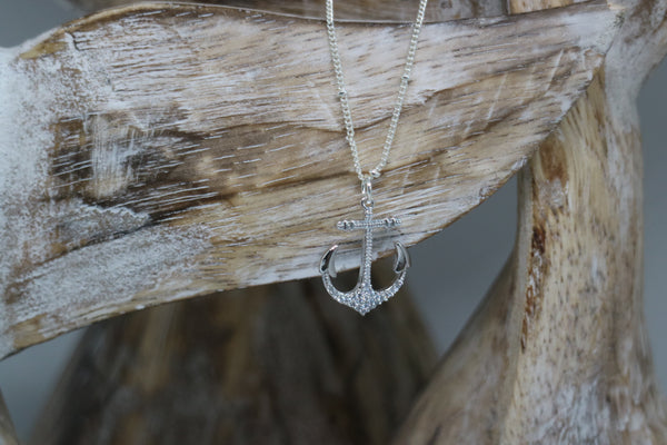 Load image into Gallery viewer, Silver rhodium anchor necklace with cubic zirconia
