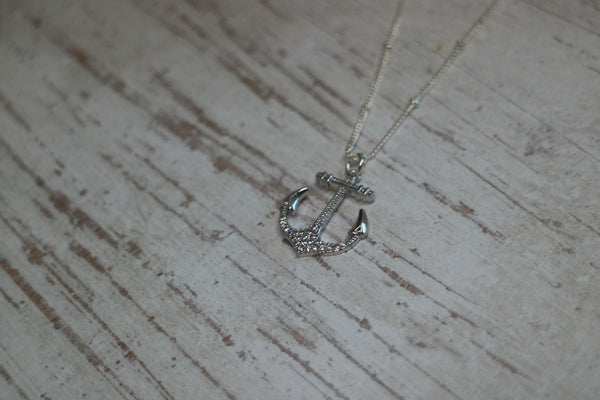 Load image into Gallery viewer, Silver rhodium anchor necklace with cubic zirconia
