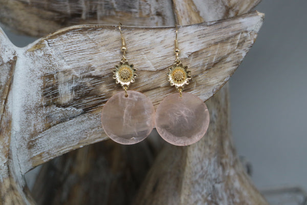 Load image into Gallery viewer, Gold Sunflower and Pink Mother of Pearl Shell Earrings
