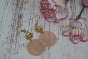 Gold Sunflower and Pink Mother of Pearl Shell Earrings