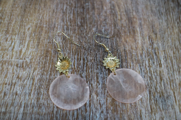 Load image into Gallery viewer, Gold Sunflower and Pink Mother of Pearl Shell Earrings
