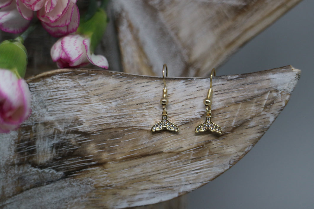 Gold Whale Tail Earrings with cubic zirconia
