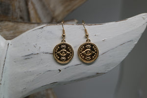 Gold Evil Eye of Protection Coin Earrings