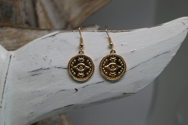 Load image into Gallery viewer, Gold Evil Eye of Protection Coin Earrings
