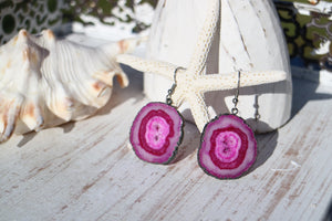 Pink solar quartz crystal earrings with black electroplated edges and silver stainless steel earring hooks