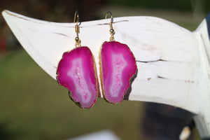 Pink goede druzy agate earrings with gold plated edges