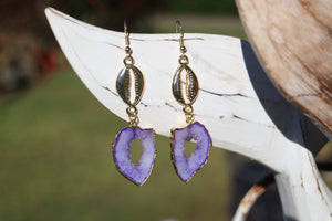 Purple Goede Druzy Agate earrings with gold plated edges and gold plated cowrie shell connectors