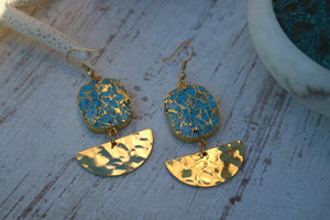 Turquoise gemstone gold earrings with gold-plated hammered and polished half moon charms