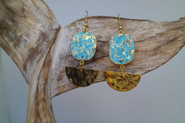 Load image into Gallery viewer, Turquoise gemstone gold earrings with gold-plated hammered and polished half moon charms
