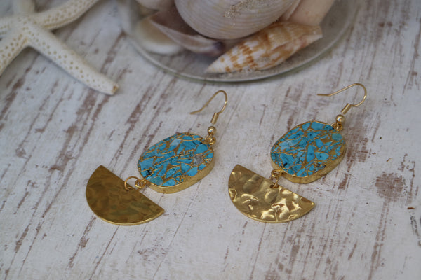 Load image into Gallery viewer, Turquoise gemstone gold earrings with gold-plated hammered and polished half moon charms

