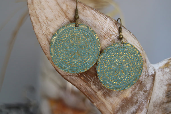 Load image into Gallery viewer, Blue Antique Copper Patina Bohemian Earrings
