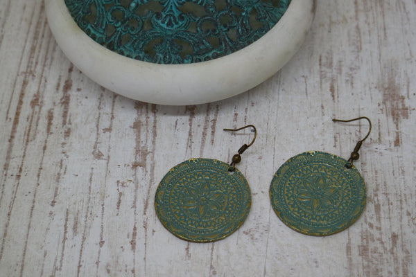Load image into Gallery viewer, Blue Antique Copper Patina Bohemian Earrings
