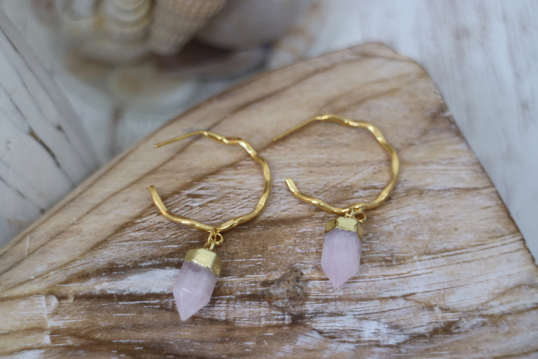 Rose quartz crystal point gold earrings